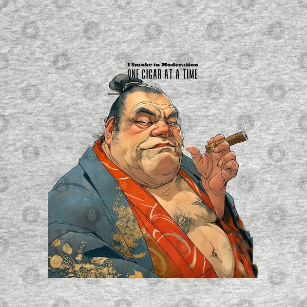 Puff Sumo Smoking a Cigar: "I Smoke Cigars in Moderation; One Cigar at a Time" on a light (Knocked Out) background by Puff Sumo